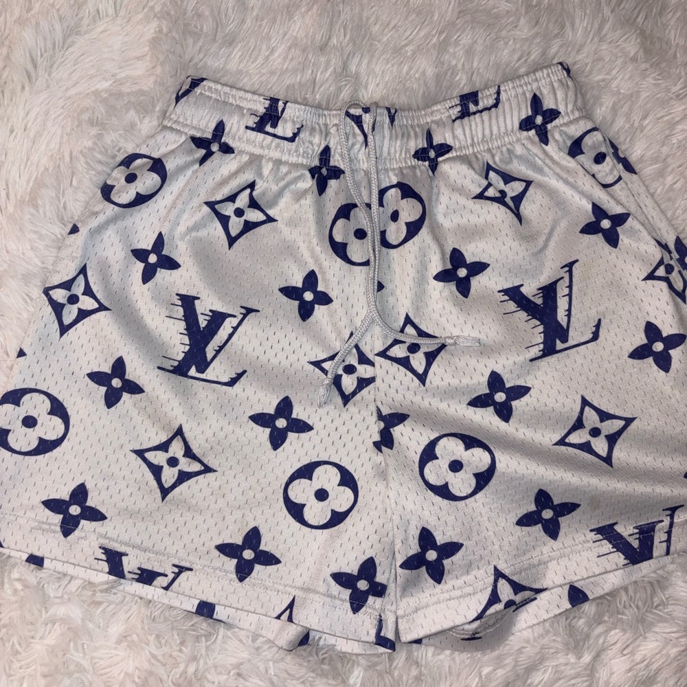 Bravest Studios White and Navy Monogram Athletic Shorts